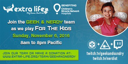 nerdist's tweet photo. Our 12-hour stream w/ @GeekandSundry to benefit @ExtraLife4Kids is live! Join us: https://t.co/7pTOZtOS5d Please RT &amp; help spread the word! https://t.co/MiHBiKA5Mn