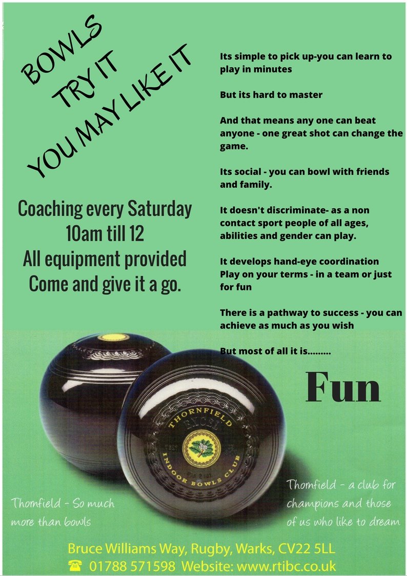 Bowls Coaching every Saturday at Rugby Thornfield
