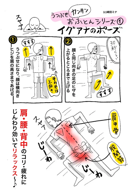 寝る前の超かんたんストレッチを描きました。
名前と見た目の割りにはやってみると、けっこう気持ちいいです。(イグアナっぽいからこの名前らしい) 肩・腰・背中の疲れをじんわりやわらげ、股関節も開くので体液循環もよくなりリラックス〜(^∇^)つ #コリ #疲労 #快眠 