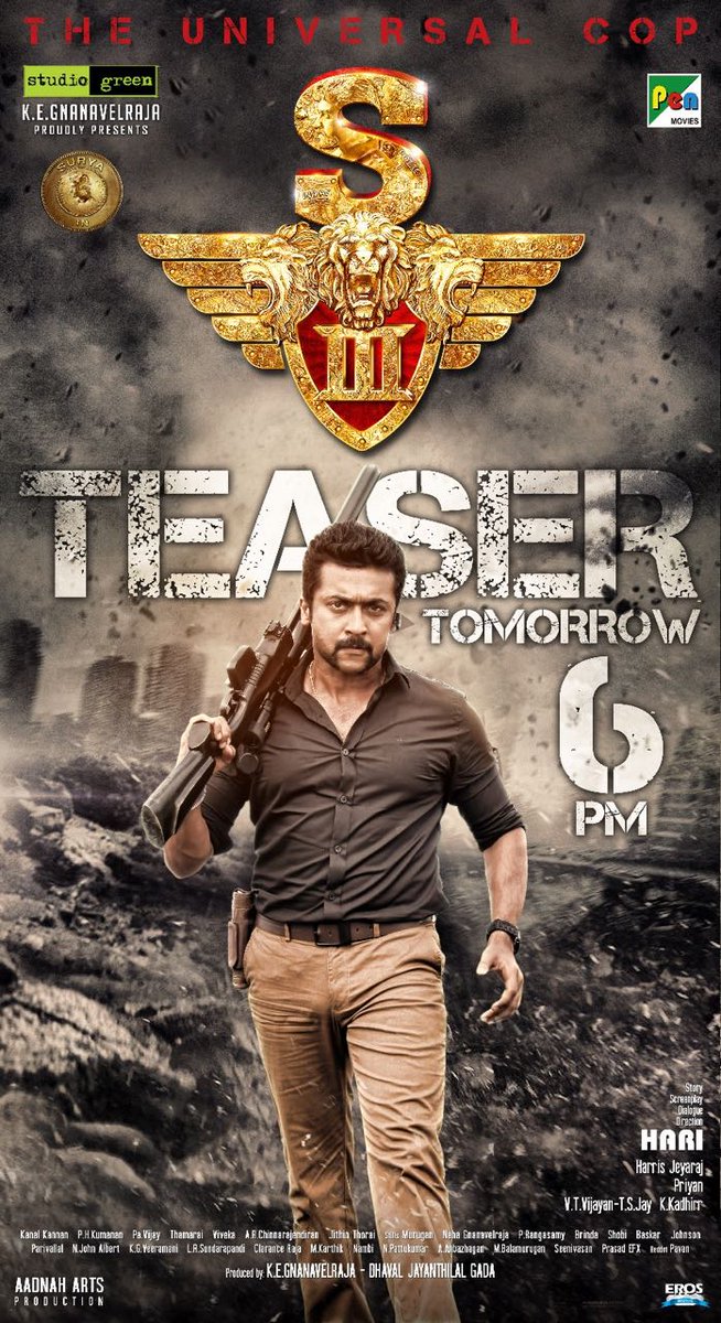 StudioGreen2's tweet photo. Keep your clocks ticking.. #MassiveS3TeaserFrom6PMTomorrow through https://t.co/oBJkJyiXMj ! @Suriya_offl  @rajsekarpandian @Jharrisjayaraj https://t.co/TZbEEULEeS