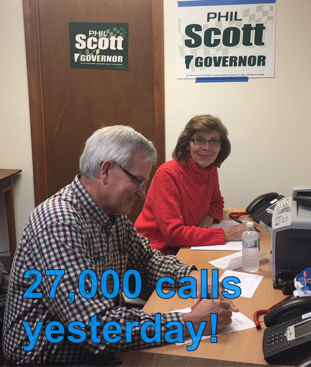 Thank you to our volunteers! We made 27,000 GOTV calls yesterday for <a href="/PhilScott4VT/">Phil Scott for Vermont</a>, <a href="/RandyBrockforVT/">Randy Brock</a>, and out Republican candidates! #vtpoli
