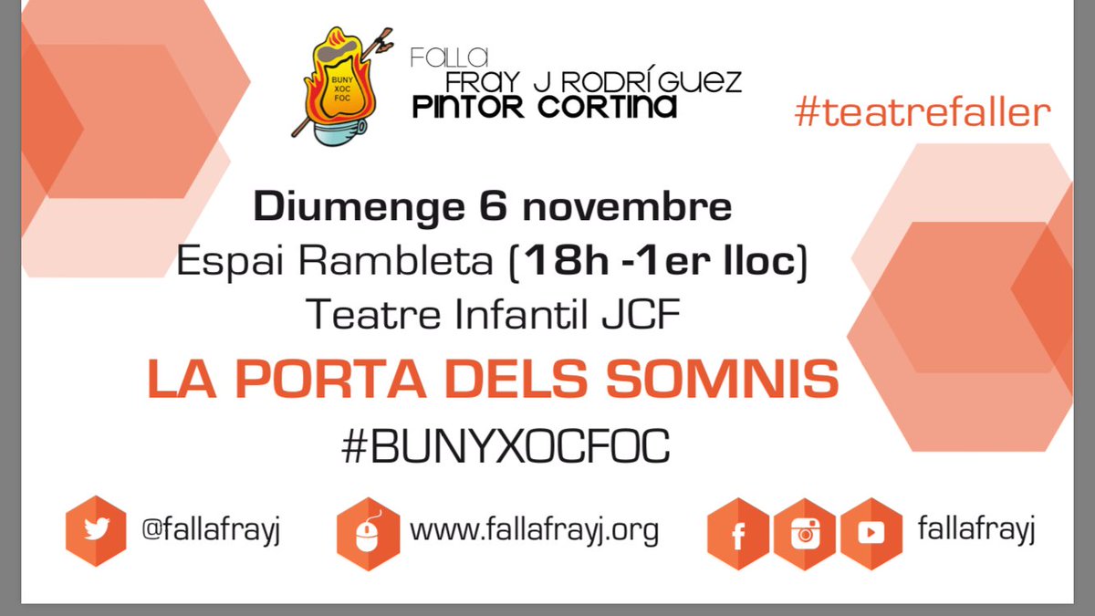 fallafrayj's tweet photo. Recorda! Els nostres joves artistes de #FrayJMenuda estrenen ‘LA PORTA DELS SOMNIS’ a @La_Rambleta (18h) #teatrefaller #bunyxocfoc #Falles https://t.co/8FMv63RYhE