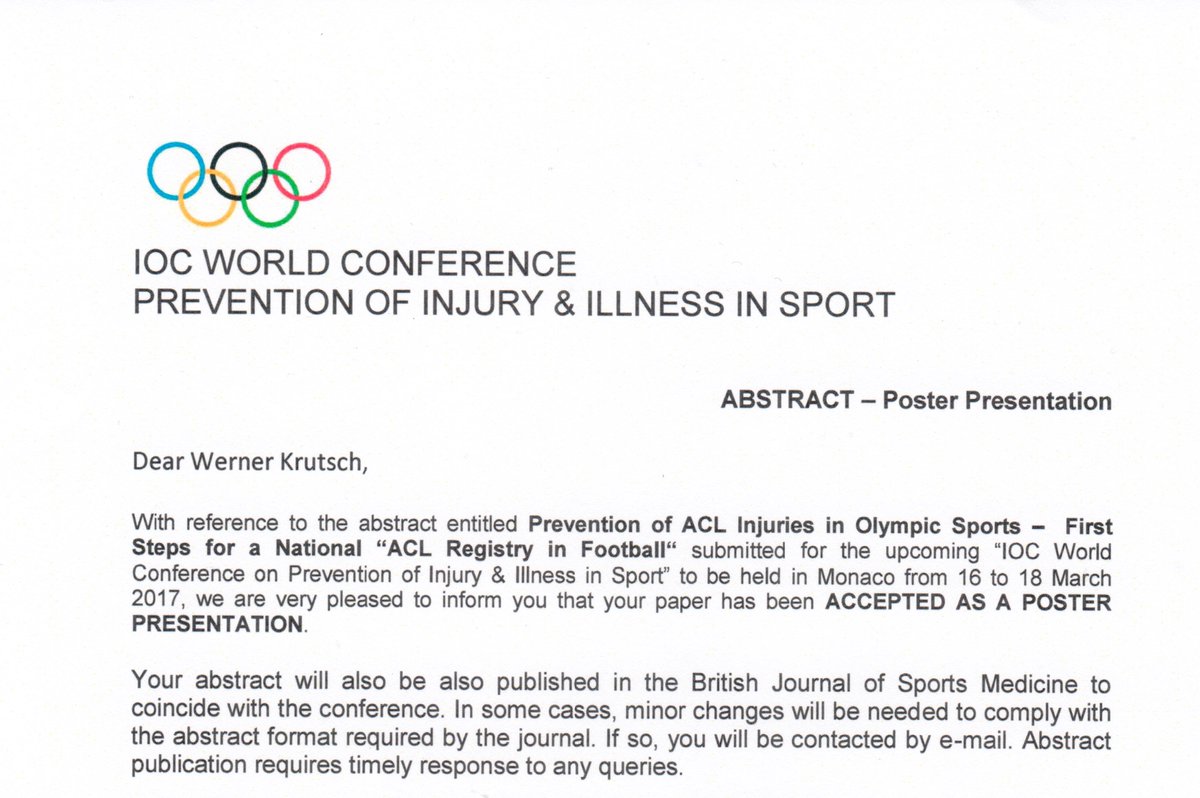 CGuendisch's tweet image. Poster accepted for @IOCprev2017 ! :-) Happy to go to #Monaco with Werner Krutsch ! :-) #IOCprev2017 #sportsmedicine #injuryprevention