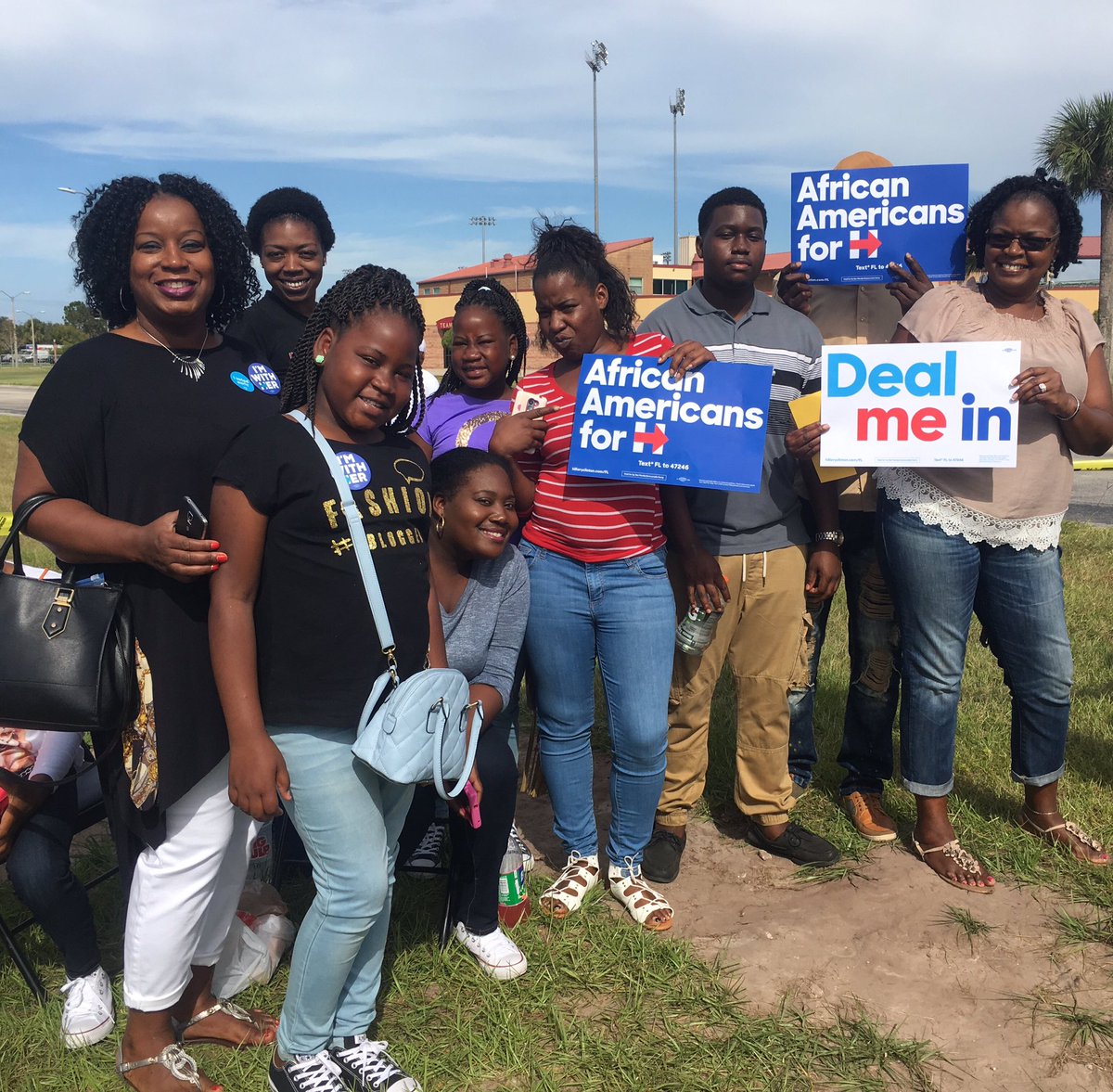 Family in line chanting: "We want Hillary! We want Hillary!"