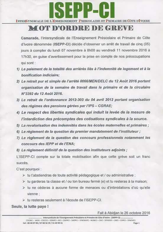 ToussaintAlain's tweet photo. #CIV Les syndicats des instituteurs font bloc contre #Ouattara @Gouvci : grève générale du lundi 7 au vendredi 11 novembre 2016. #ISEPP https://t.co/1V0dBCiUdC