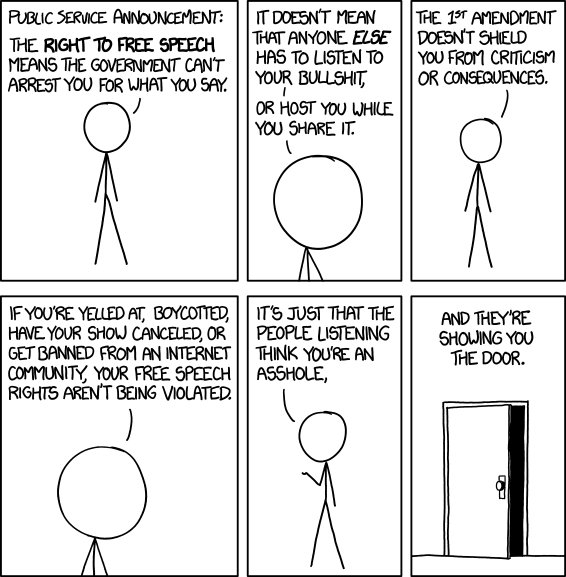 XKCD comic on freedom of expression. I'll just send this link to anyone who cries FoE when I disagree with someone. 
xkcd.com/1357/