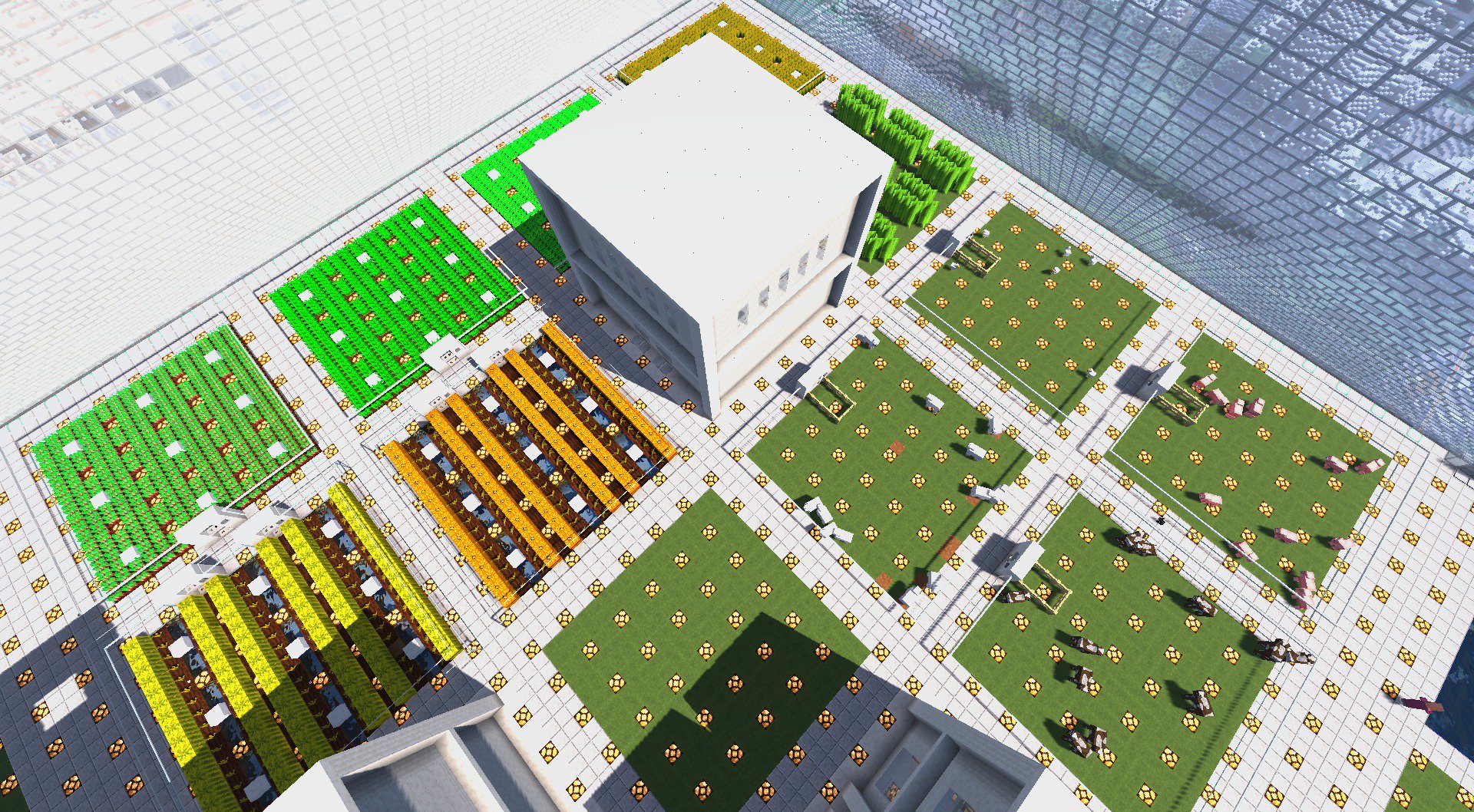 Smith 養蜂業 マイクラサーバー開放中 Sur Twitter セントラルタワー内建築第5弾 実は随分前に整備していた農業区画です 中央の研究棟を囲むように畑と牧場が配置されています 畑にはver 1 9で新規実装された赤カブをはじめ色とりどりの作物が Minecraft スミス