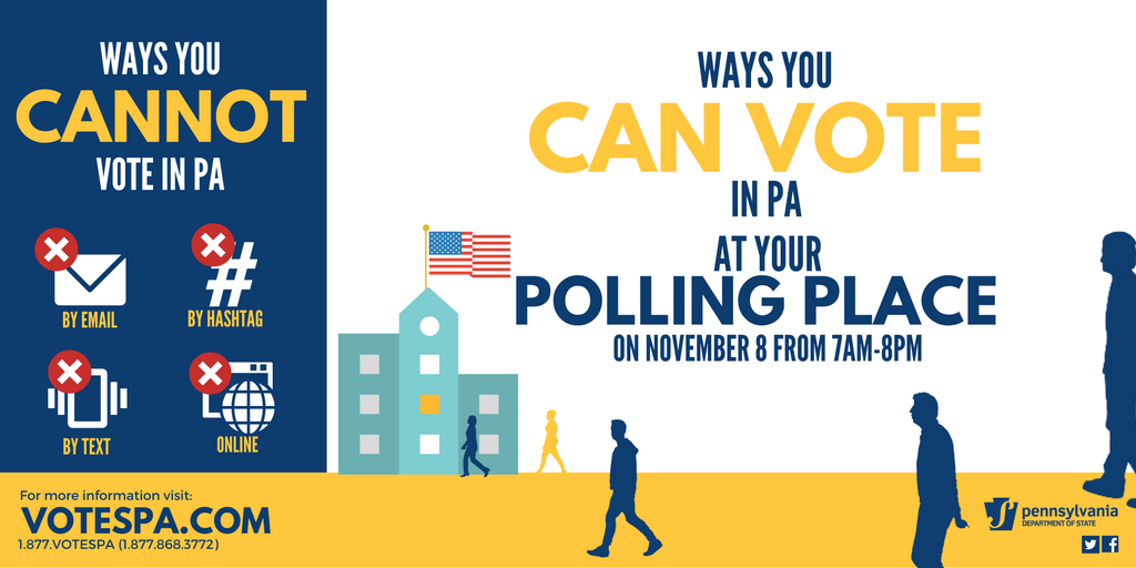 PAStateDept's tweet photo. In-person voting is the ONLY way to vote. Find your polling place here: https://t.co/VcvcqRwds3 . https://t.co/OAHoC4nud1