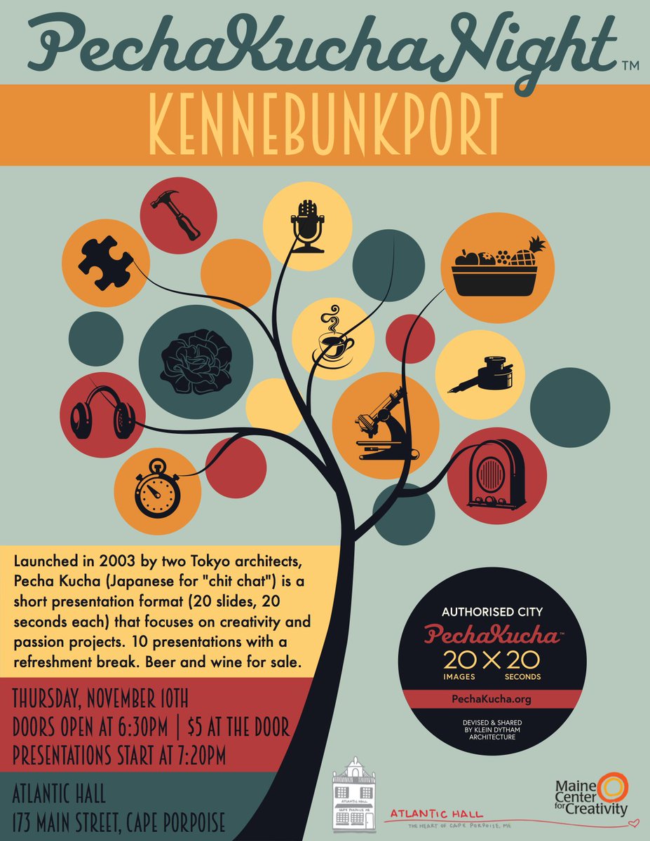 I'll be #pechakucha-ing 11/10 @ #AtlanticHall, 173 Main St , Cape Porpoise, ME. Doors open @ 6:30. Talk @ 7:20pm. #tinyhouse #UNE