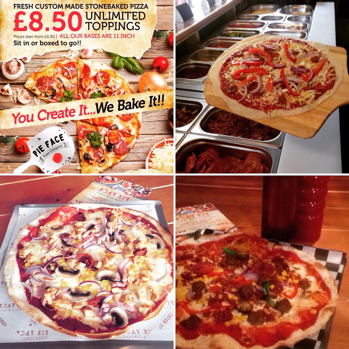 piefacepizza's tweet image. Fresh custom made stone baked pizza!! Unlimited choice of toppings all for £8.50 prices start from £6.50 Gluten free bases available 🍕🍕👌👌