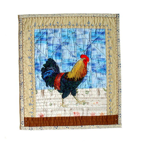 "Rooster on Blue" textile art Bozena Wojtaszek <a href="/textile_cuisine/">Bozena Wojtaszek</a> artofday.com/wordpress/?p=7… #TwitterFirstFriday #textiles #rooster