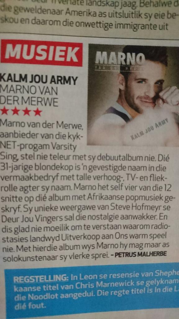 marnovdmerwe's tweet photo. Ek het hom ook onder oë gekry vandag. Baie dankie @huisgenoot vir die mooi resensie. 
@StarburstPromo @MusicProfileSA @FollicleH @harshnr https://t.co/Cpi0U1r9ab