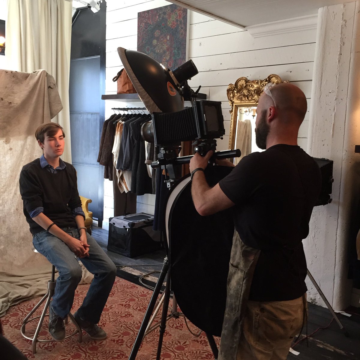 ffeaster's tweet image. Taking a vintage tintype portrait of Addison @billy_reid @gilesclement Amazing