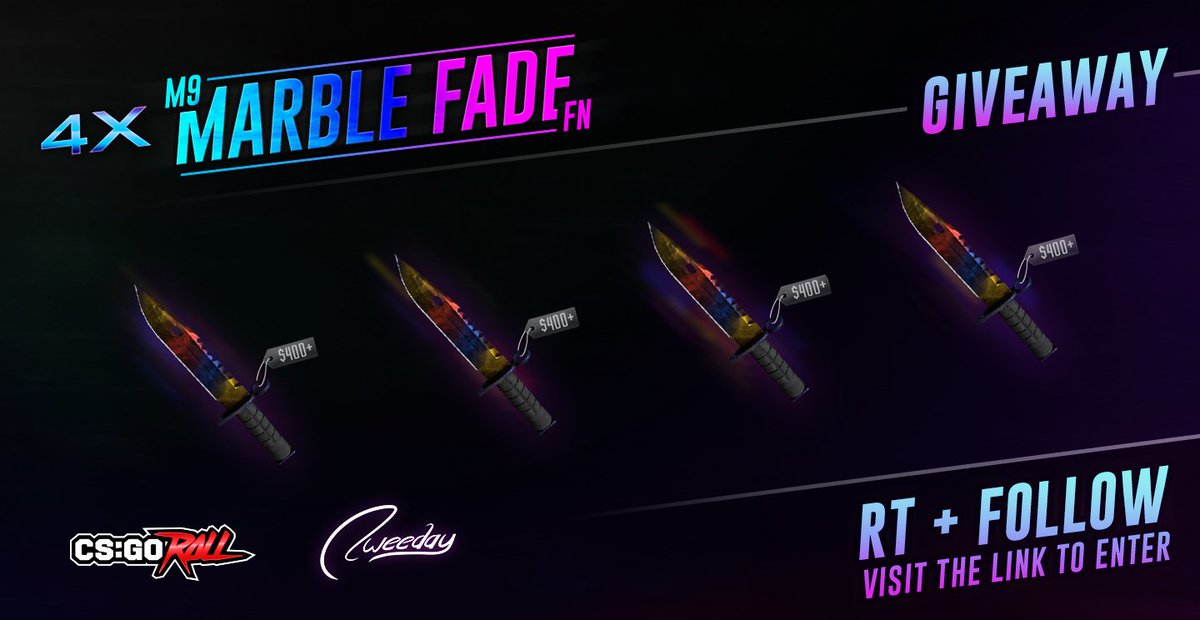 Mrtweeday's tweet image. NOVEMBER GIVEAWAY
4x ★ M9 MARBLE FADE (FACTORY NEW)

4 WINNERS!
RT+FOLLOW
Visit the link to enter: goo.gl/CVlPNW

Thanks @CSGORoll