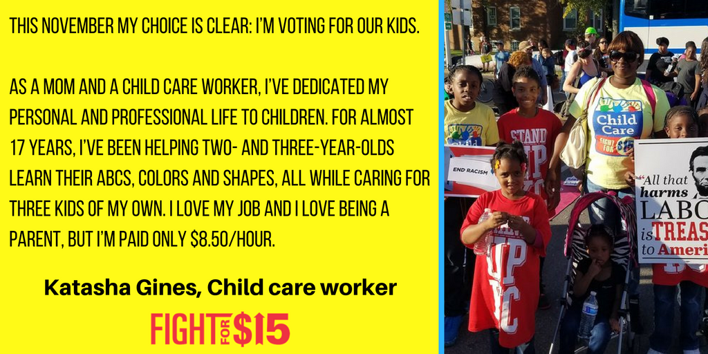 FightForAUnion's tweet photo. Between now and November 8th, join Katasha and vote for our kids and childcare workers #FightFor15 https://t.co/5lfADnaI0s