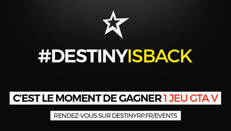 DestinyRPfr's tweet photo. #DestinyIsBack : Parrainez un joueur dès maintenant et tentez de gagner 1 jeu #GTAV + 1 accès Alpha ! RDV sur https://t.co/dJNp72nxXP https://t.co/Eam4bumDVm