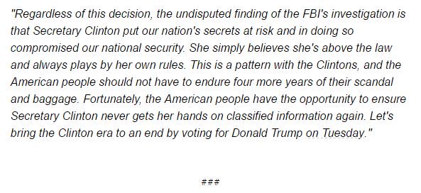 PRyan's tweet image. Here's my full statement on Hillary Clinton in light of the FBI's announcement today: