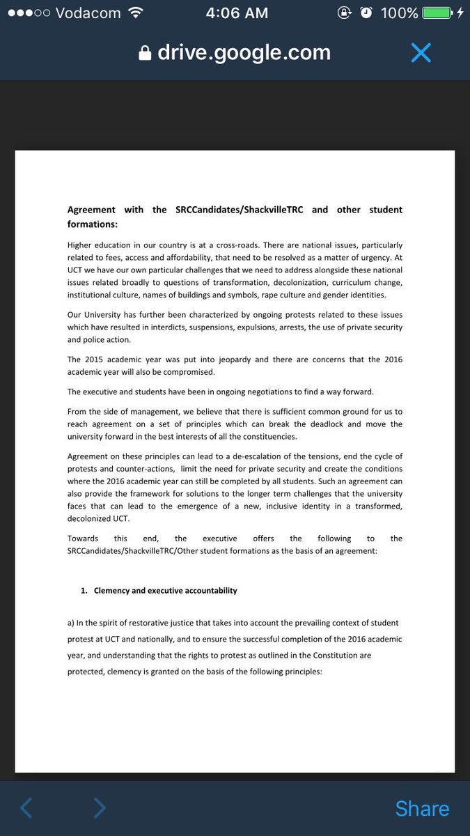 varsitynews's tweet photo. The official document which was signed by both UCT Management and UCT student protesters ‼️#ShackvilleTRC #UCTopen https://t.co/uQznrtWEd6