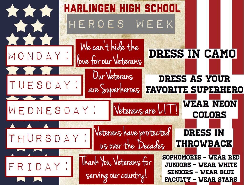 HHSCards's tweet photo. Heroes Week kicks off with wearing Camo tomorrow! 🇺🇸 #HCISD https://t.co/o22oUGSs05