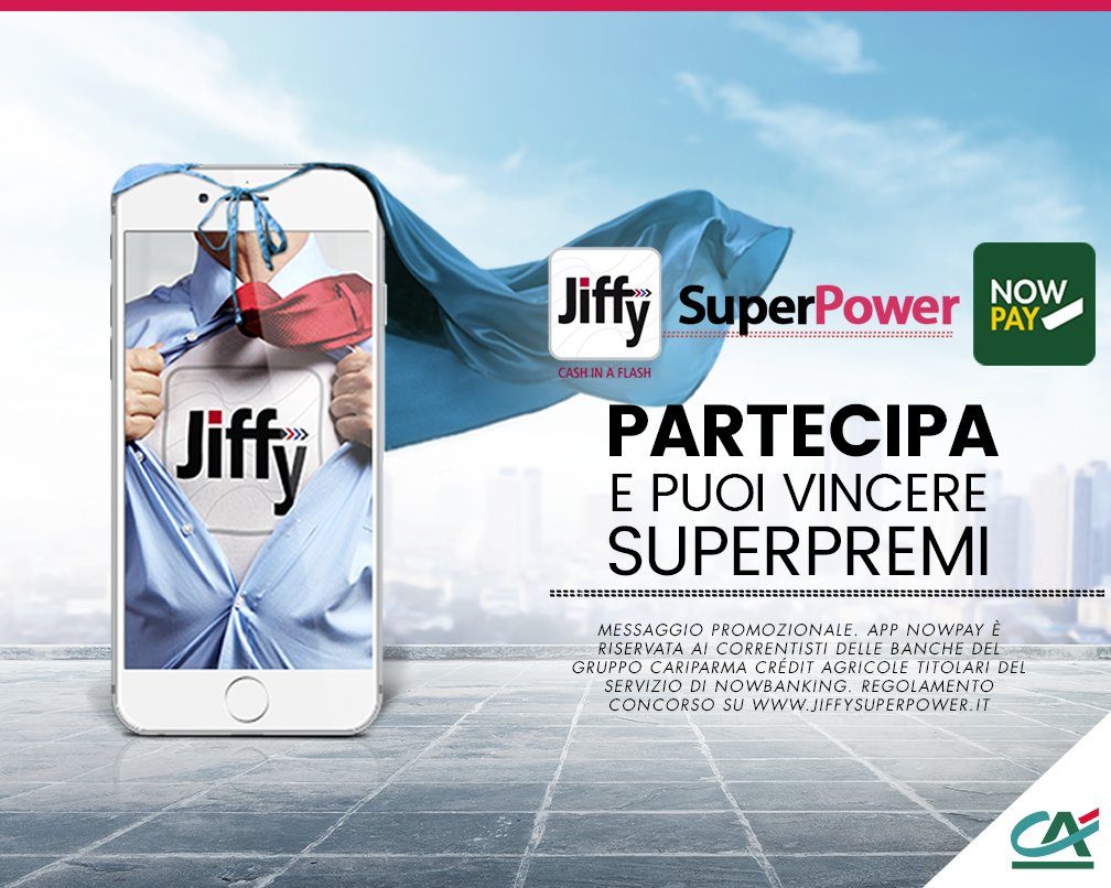 CA_Ita's tweet photo. Scarica #Nowpay e inizia a inviare piccoli pagamenti grazie al circuito #Jiffy, puoi vincere un #iPhone7 al giorno. https://t.co/uVGpj0RBfv https://t.co/H7LSsISugC