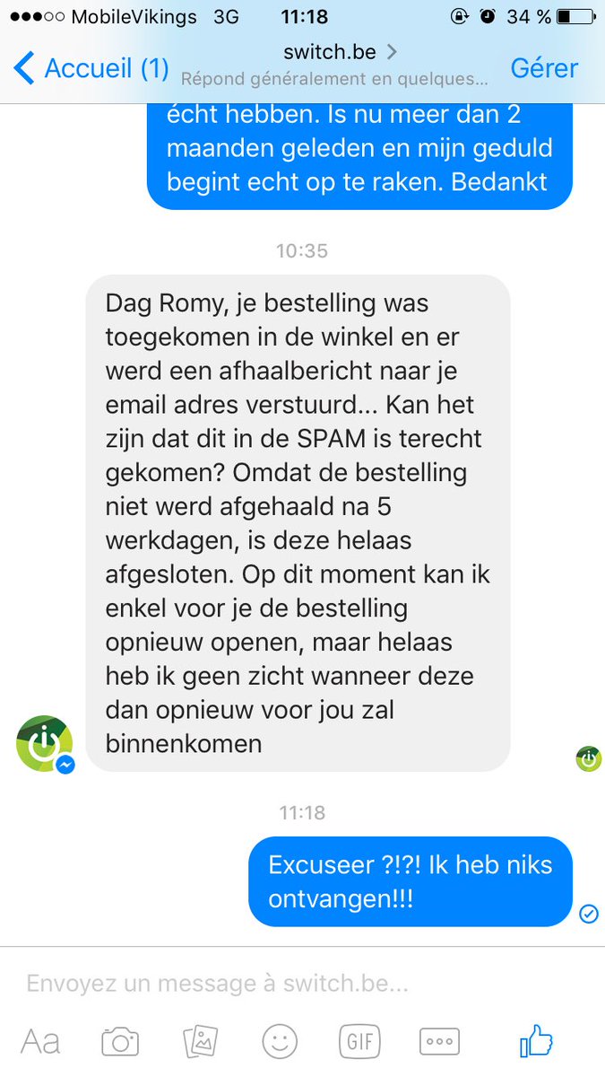 RomyOverbeeke's tweet photo. Meer dan 2 maanden op u gsm wachten, ondertussen 10 keer om een update vragen en dan me deze zever afkomen?! Prutsers! #switch #0service https://t.co/DtHuAlYcxS