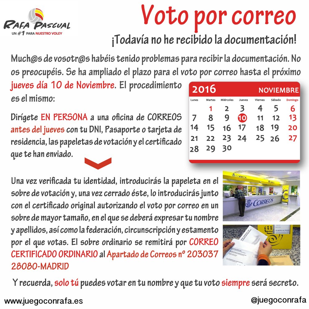juegoconRafa's tweet photo. Si te ha llegado tarde la documentación de voto por correo tienes hasta el jueves día 10.¡No lo dejes para el último día! #jugamosconrafa https://t.co/kInrTKeUaa