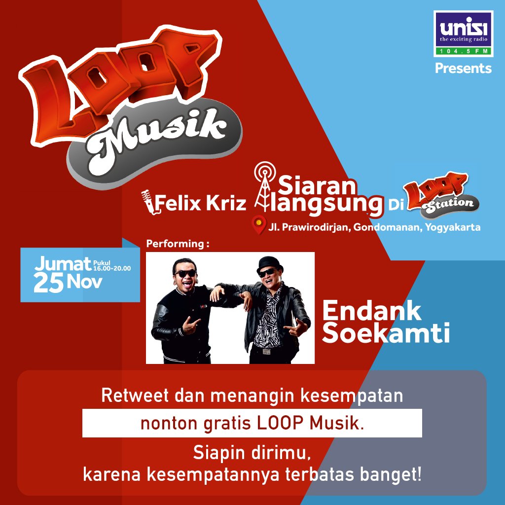 LOOP_ID's tweet image. Loopers, tgl 25 November, @endanksoekamti bakal perform lho di @LOOPStation_YK. Jangan sampe ga ikutan ya #LOOPMusik