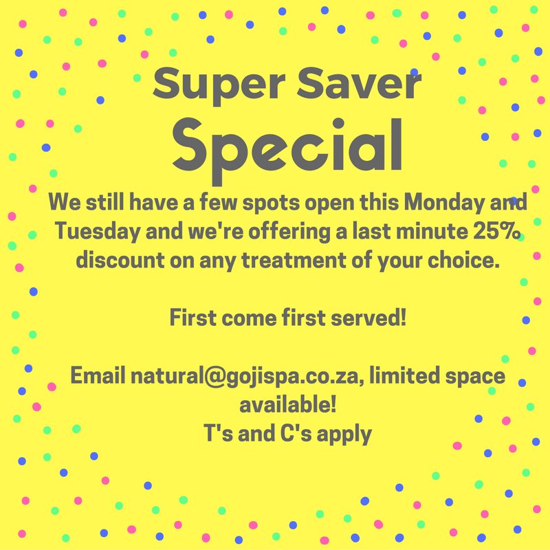 Gojispa's tweet photo. SUPER SAVER SPECIAL! BOOK NOW TO AVOID DISAPPOINTMENT! #Summer #Save #Special #25%off #Beauty https://t.co/1csClmh0hB
