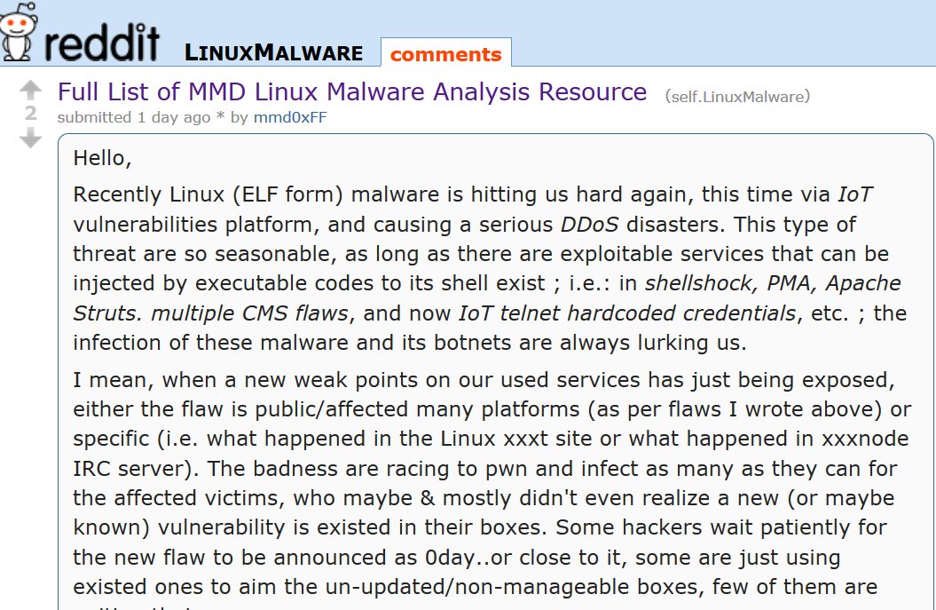 _odisseus's tweet image. Here we are on @reddit the "Full List of MMD #LinuxMalware Analysis Resource", #Amazing. Enjoy! :) reddit.com/r/LinuxMalware… #MalwareMustDie!