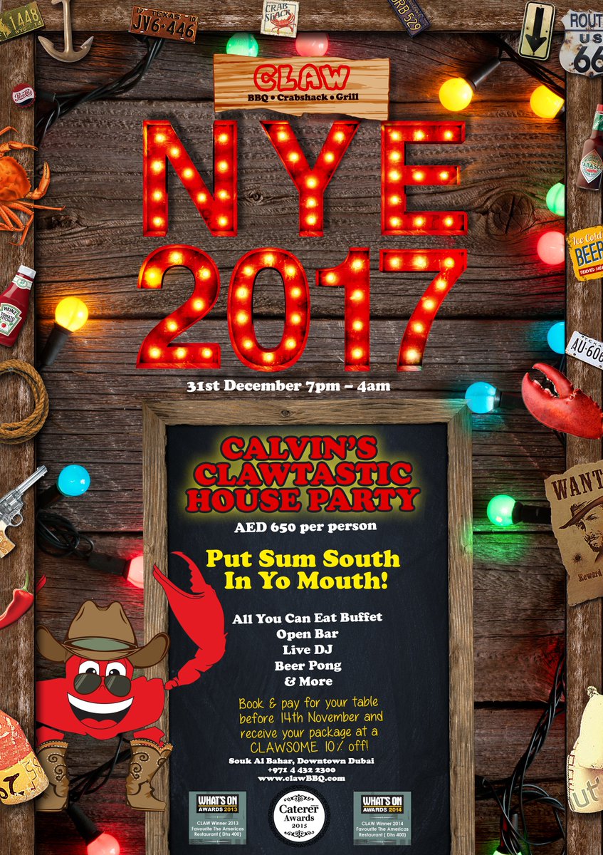CLAWBBQ's tweet photo. NYE 2017 @ CLAW BBQ! Book & pay between today & 14th November 2016 & receive a CLAWSOME 10 % off of your NYE package!
#CLAWBBQ #NYE2017 https://t.co/ZIknv26r6w