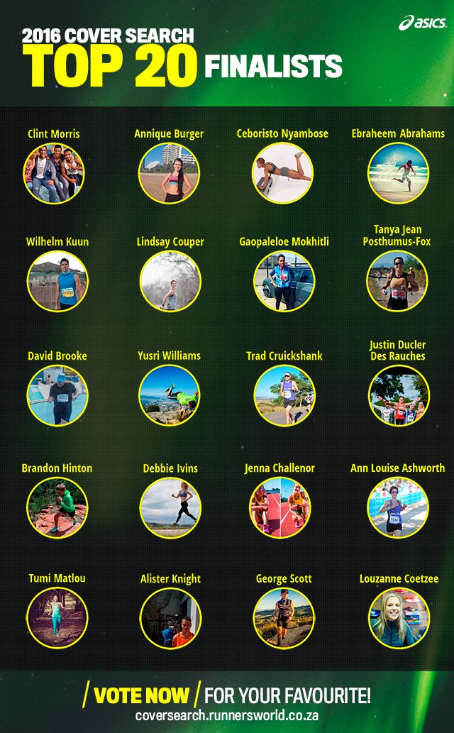 runnersworldza's tweet photo. ICYMI: The Top 20 Cover Search finalists have been announced &amp; need your votes! #RWCoverSearch #ASICS_SA. https://t.co/gyrXJL9MoS https://t.co/Oizod8DXpc