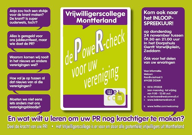 WelcomVP's tweet image. Do. #24_nov. (19.30–21.00) in Dorpshuis #Zeddam:
#Inloopworkshop: PoweRcheck, over #PR in uw #vrijwilligerswerk goo.gl/cXUqz4