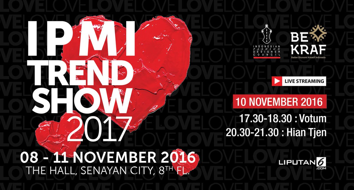 liputan6dotcom's tweet photo. Now!! Live Streaming #IPMITRENDSHOW2017 w/ Hian Tjen, Klik di sinii https://t.co/XVvAzDM6DY 
#IPMI30 #IPMITRENDSHOW https://t.co/7oPpDssW0t
