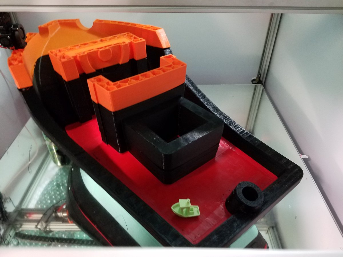 A3DTech's tweet photo. An update on our giant @3DBenchy 7kg down 4kg to go. This tugboat will be 40" bow to stern &amp; 32" tall when done #largeformat3d #livinlarge https://t.co/zFQ6jzuaiy