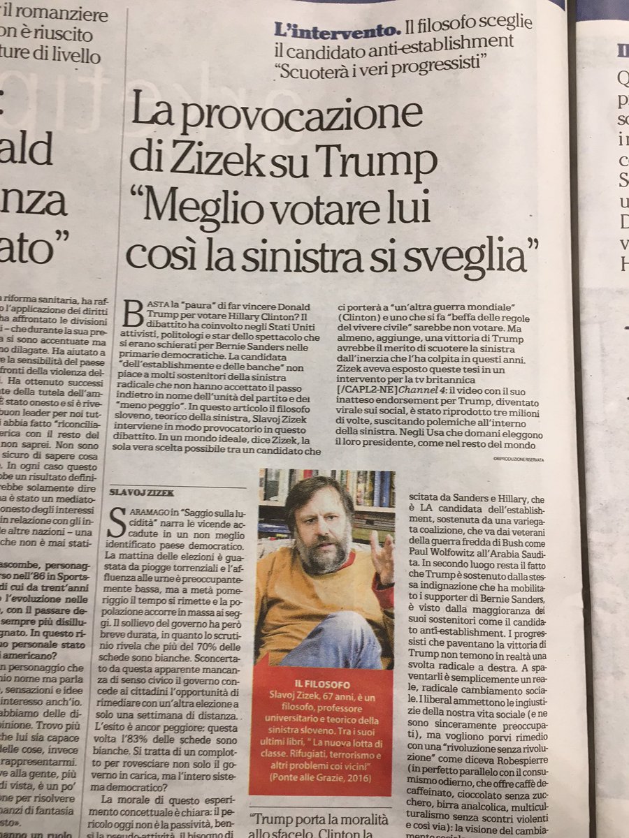 AgitProp83's tweet photo. "La vittoria di @realDonaldTrump può condurre alla massiccia radicalizzazione della sinistra" per questo è auspicabile. #SlavoyZizek #WTF https://t.co/0BOhbl42zc