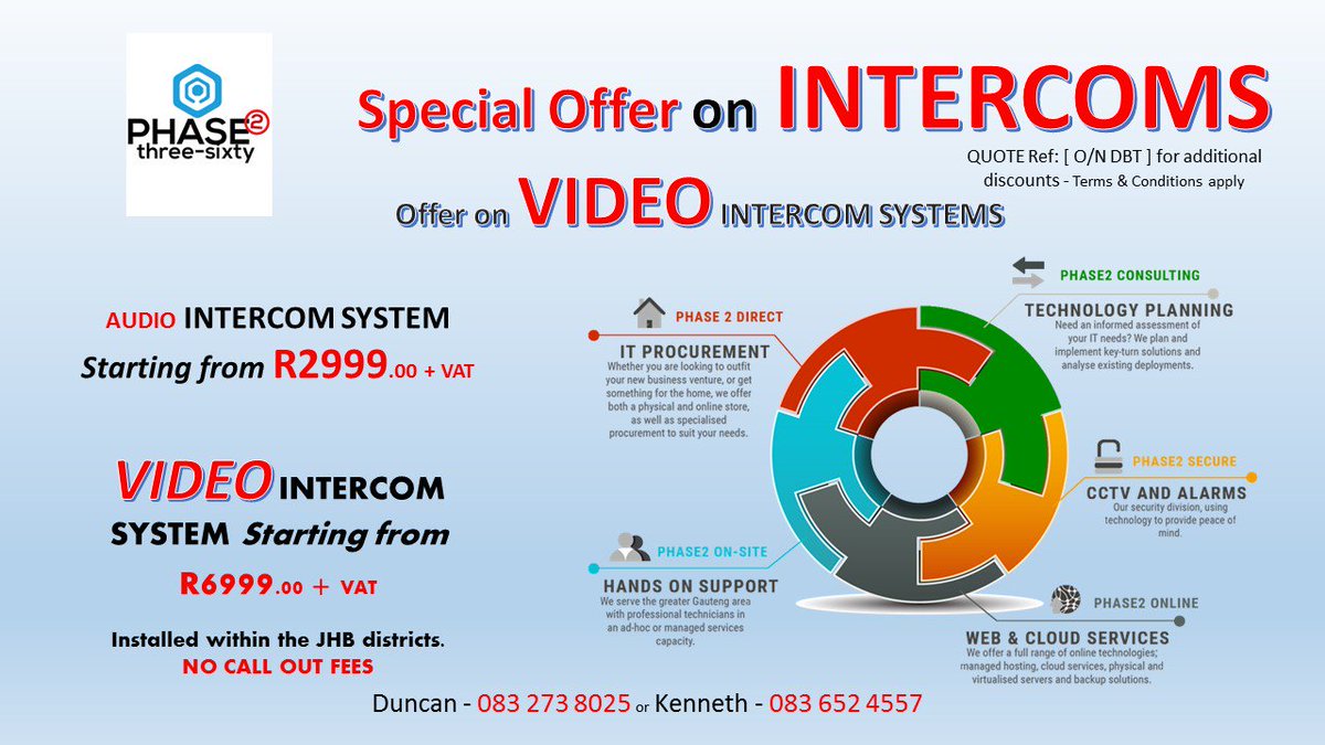 Phase2Comp's tweet image. Get the latest in video tech intercoms from us! Call today for an obligation free quote 011 444 2347 (Duncan)