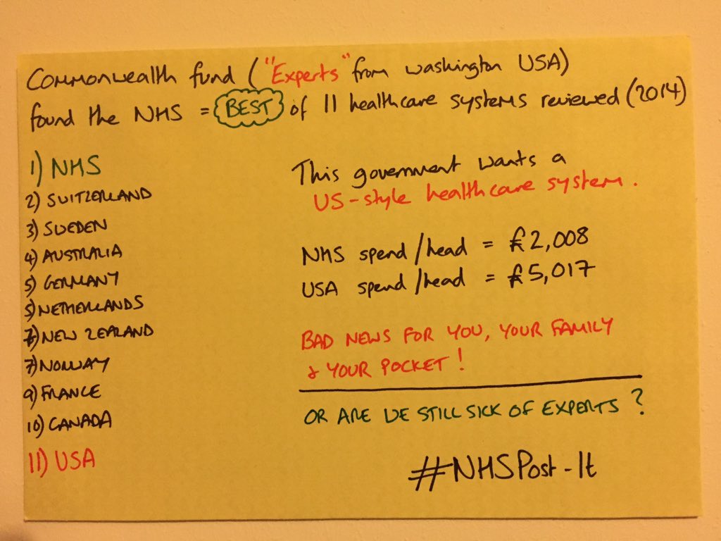 SLJuniorDoctors's tweet photo. I am forever told the NHS is inefficient &amp; unsustainable...apparently we must privatise? Really? Are we still sick of experts? #NHSPostit https://t.co/pMOMksohY9