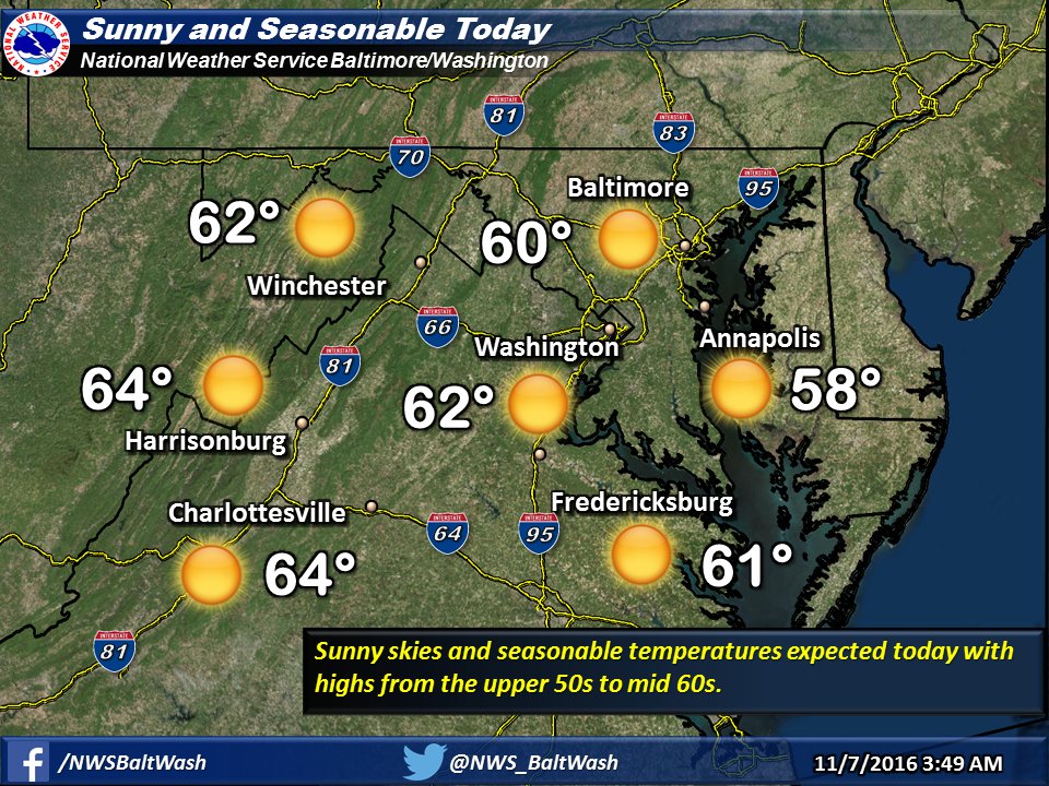 NWS BaltimoreWashington on Twitter "Sunny skies and seasonable