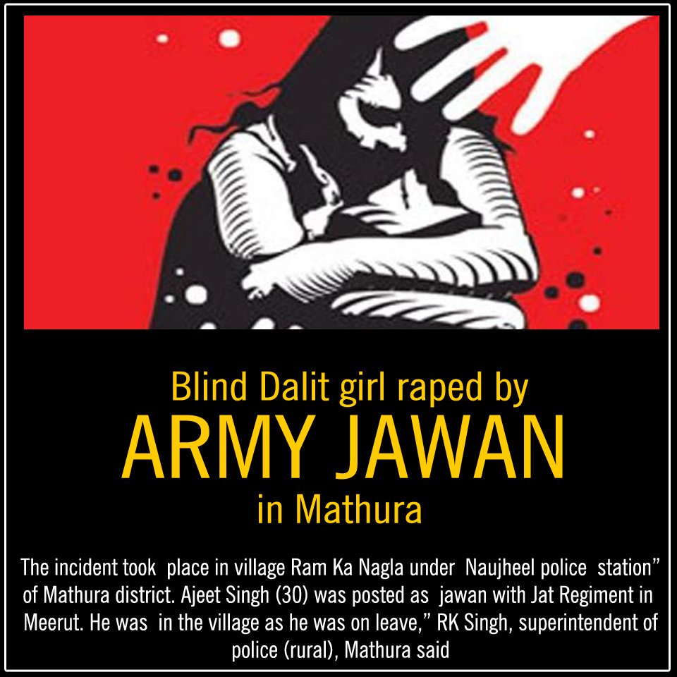 AmbedkarCaravan's tweet photo. Blind Dalit girl raped by army jawan in Mathura
https://t.co/9Eq68Mk7WS https://t.co/dKL3ZhHgKY