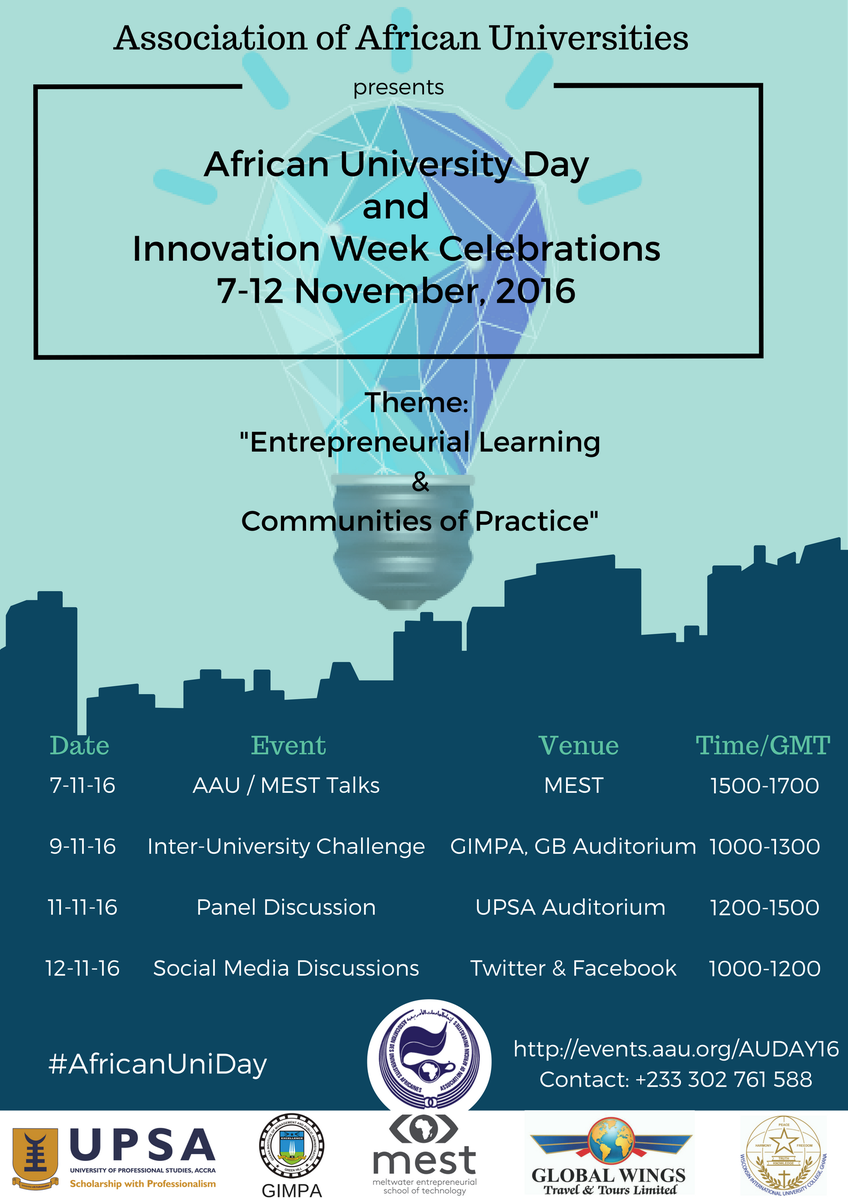 SecgenAAU's tweet photo. Today is the African University Day and we kick off at 3pm GMT at @MESTAfrica for the AAU/MEST Talks. #AfricanUniDay https://t.co/L0NjSD6o0J
