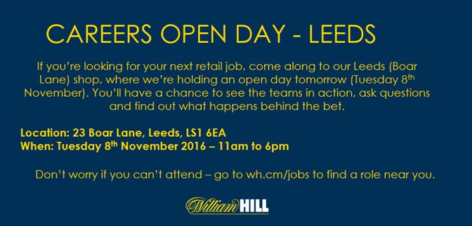 WHRetailJobs's tweet photo. Do you need some #MondayMotivation? Come along to our #Leeds #OpenDay tomorrow between 11am-6pm @ #BoarLane #SpreadTheWord @LeedsJCP https://t.co/JtFvX7R8dn