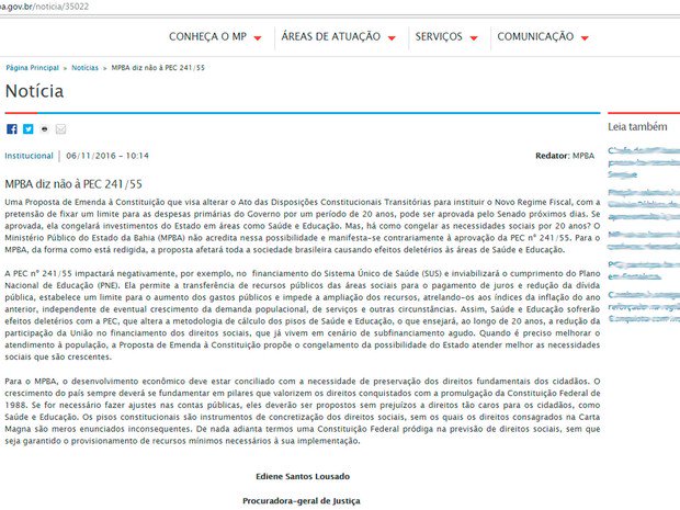 Ministério Público da Bahia se posiciona contra a PEC 241 e diz que proposta afetará sociedade glo.bo/2fLyYNX #G1