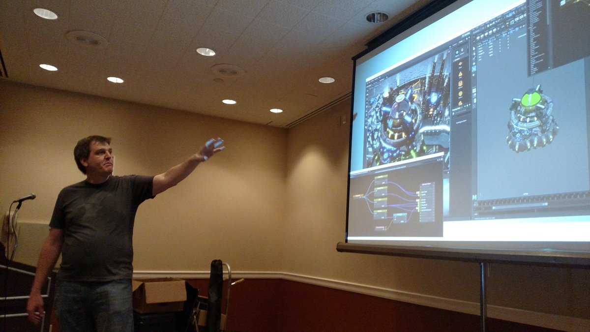 RailgunGame's tweet photo. The talented @PaulKind3D giving a talk about the @autodesk Stingray Engine at @Gameacon in Atlantic City, NJ talking about Railgun #gamedev https://t.co/rlwkHWdtOg