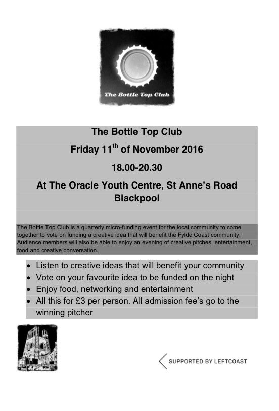 creativebpool's tweet image. The Bottle Top Club coming to Blackpool this week. #art #funding #craft #enterprise #soup