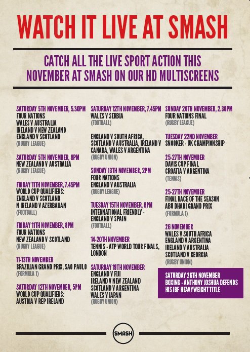 SmashReading's tweet image. Sport coming up this month.....Make Smash your sports home! #SmashReading #November #NovemberSports