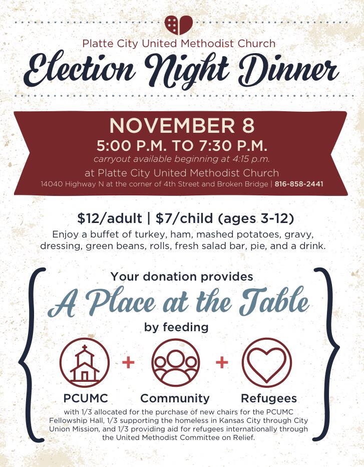 LifetimeTrvls's tweet photo. Get out and vote tomorrow then join us for our annual #ElectionNightDinner at the #PlatteCity UMC. Always a great event! #Community #PCUMC https://t.co/Xlu0CFuwY6