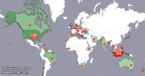 My followers are in Indonesia(83%), USA(7%)... Get your map too: tweepsmap.com/!ahmadzakyi