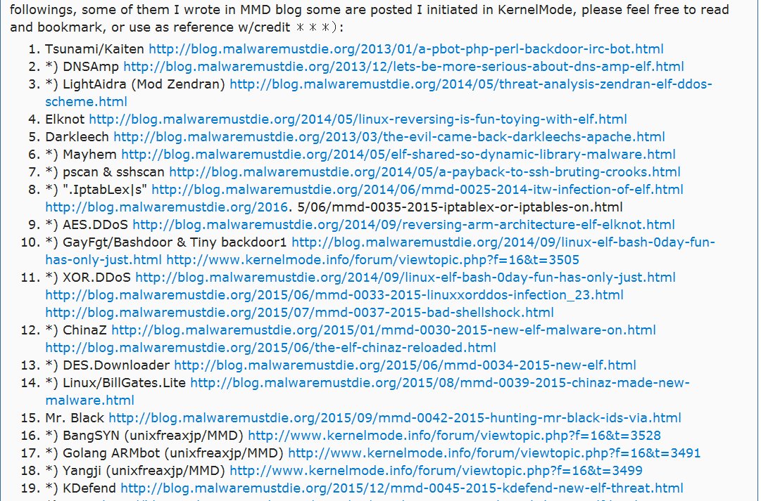 _odisseus's tweet image. Here the "Full List of MMD #LinuxMalware Analysis Resource" cc: @binitamshah you didn't like? ;) reddit.com/r/LinuxMalware… #MalwareMustDie!