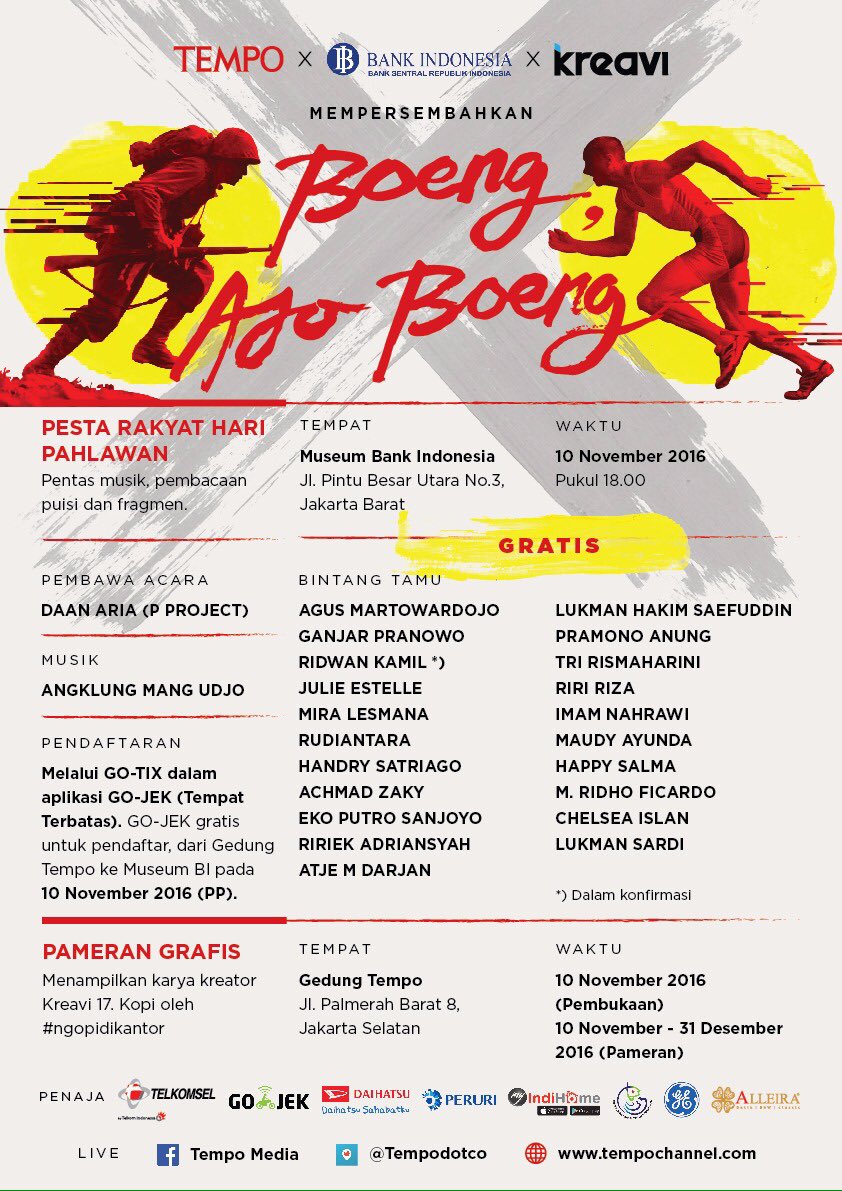 Dengan memperingati Hari Pahlawan, Teras Budaya kembali menggelar pentas sastra. daftarkan dirimu di bit.ly/boengajoboengt… #boengajoboeng