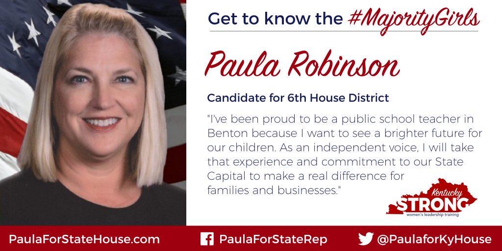 ky_strong's tweet photo. VOTE TOMORROW for Paula Robinson! @paulaforkyhouse is a teacher who will make Lyon, Marshall and McCracken Counties proud! #newmajority https://t.co/8seA4rJUug
